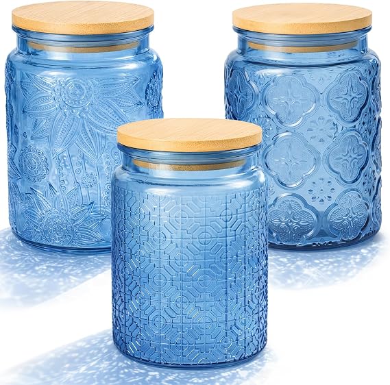 3-Pack 700ml Glass Jars with Bamboo Lids, Airtight Vintage Glass Storage Canisters for Kitchen Pantry Coffee Sugar Tea Flour Snacks (Blue)