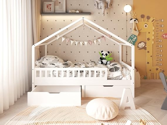 Kids Bed Frame Solid Pine Wood House Tree Toddler Single Bed with 2 Storage Drawers for Children Girls Boys Bedroom Furniture,White