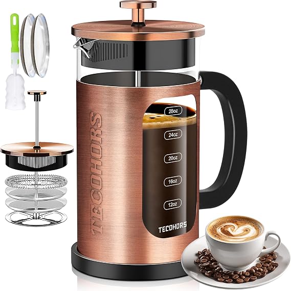 French Press Coffee Maker 34oz / 1 Quart 304 Stainless Steel Coffee Press,with 4 Filters System, Heat Resistant Thickness Borosilicate Glass, Brewed Coffee Pot (Copper)