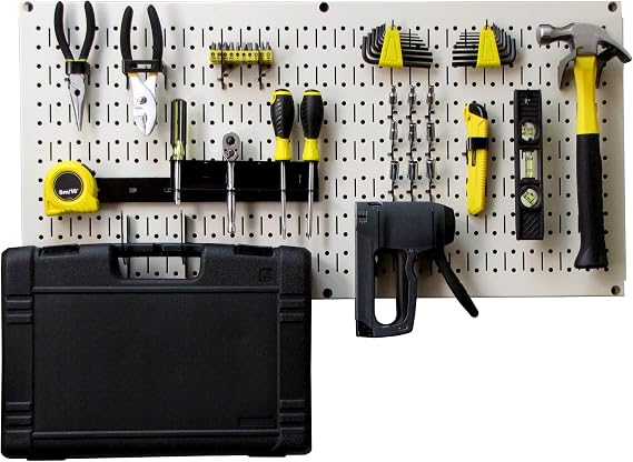 Wall Control Modular Pegboard Tool Organizer System - Wall-Mounted Metal Peg Board Tool Storage Unit for Wall Storage Tiling (Beige Pegboard)