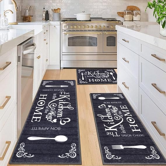 Vaukki Boho Kitchen Rug Sets 3 Piece,Black Washable Kitchen Mat for Floor