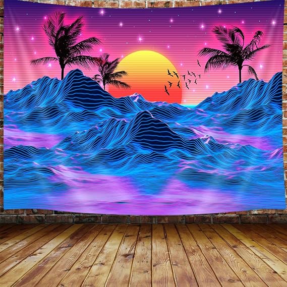 JAWO Retro Neon Trippy Small Tapestry for Men, Cool Mountain Sun 70s 80s Room Decor Aesthetic Art Tapestry Wall Hanging for Bedroom, Vaporwave Tapestries College Dorm Beach Blanket (60W X 40H)
