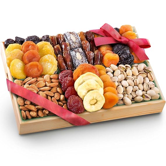 A Gift Inside Dried Fruit and Nuts Gift Wooden Gift Tray 2 lbs. 12 oz. Gourmet Dried Fruit & Roasted Nuts with Dates, Prunes, Apricots, Pears, Angelino Plums & Coconut Date Rolls