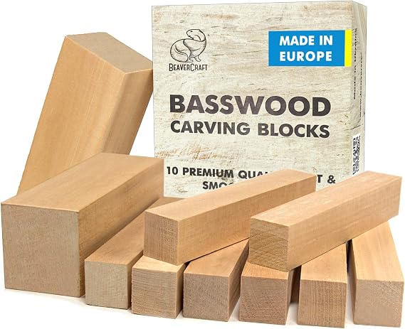 BeaverCraft Basswood Carving Blocks Set BW 10 PCS Wood Carving Kit - Whittling Wood - Soft Basswood Block for Crafts - Large Unfinished Wooden Blocks 2PCS 1.98" 5.95" 8PCS 1.02" 5.95"
