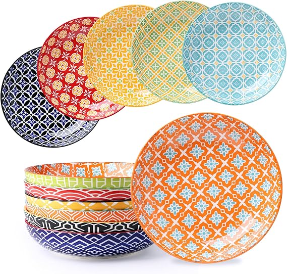 Metahom Ceramic Pasta Bowls Set of 6, 8 Inch Salad Shallow Bowls 30 Oz