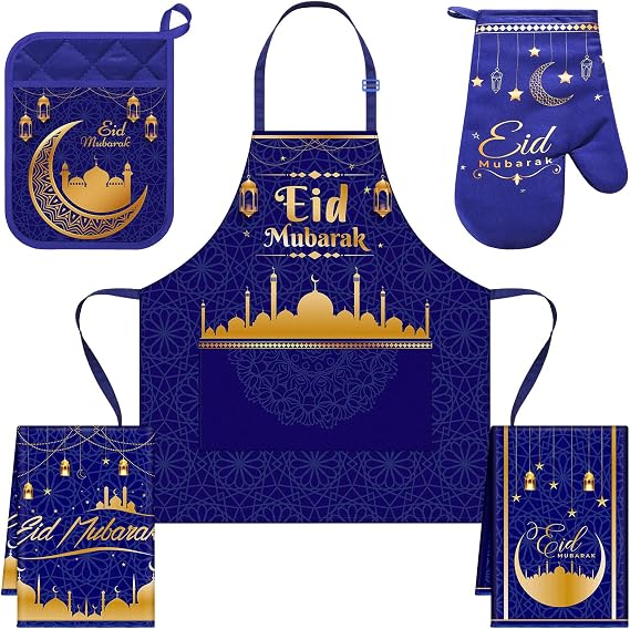 5 Pcs Ramadan Hostess Kitchen Gift Eid Mubarak Apron Pot Holder Oven Mitts Dish Towels Set Ramadan Mubarak Kitchen Towels Cooking Gift Accessories for Women Men