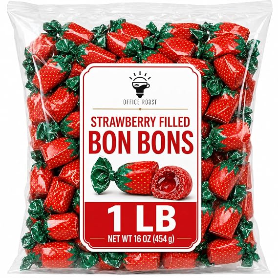 Strawberry Filled Hard Candy | 1 LB Value Bag |,Individually Wrapped Strawberry Candy with Juicy Center, Sweet Fruity Hard Candy, Perfect for Candy Bowls, Office, Parties & Sharing
