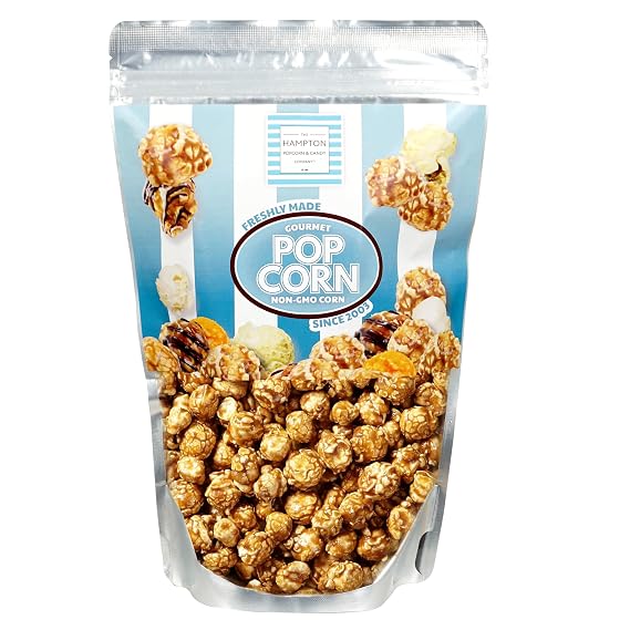 The Hampton Popcorn Company Caramel Popcorn Resealable Zip Bag, 9.5 Ounce, Caramel Corn, Fresh Gourmet Popcorn