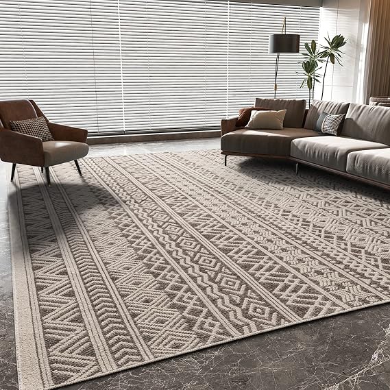 8x10 Area Rugs for Living Room Machine Washable Rug Woven Textured Neutral Boho Rug Ultra Soft Moroccan Carpet Ideal for Bedroom Dining Room Dorm Playroom Office, Brownish Black