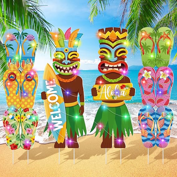 Bencailor 4 Pcs Hawaiian Tiki Decorations Luau Party Decoration Outdoor Totem Pole Yard Signs with Stakes LED Large Aloha Tropical Themed Party Supplies Bar Decor for Outdoor Lawn Garden Beach Sand