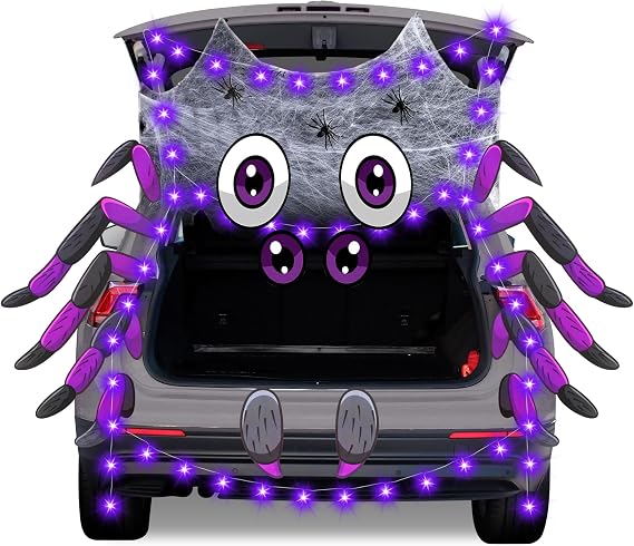 Halloween Trunk or Treat Car Decorations Kit, Spider Web with Lights,Purple