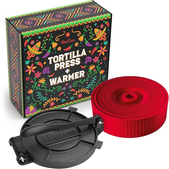 Uno Casa Pre-Seasoned Cast Iron Tortilla Press 8 Inch with Tortilla Warmer