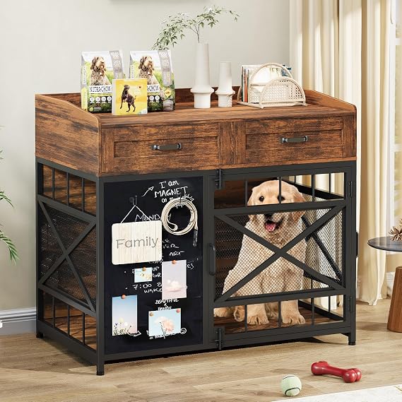 Halitaa Dog Crate Furniture, Dog Kennel Indoor Furniture with Rotating Wheels and Blackboard, Wooden Pet Cage End Table with Storage Drawers and Adjustable Foot Pads for Small Medium Large Dogs