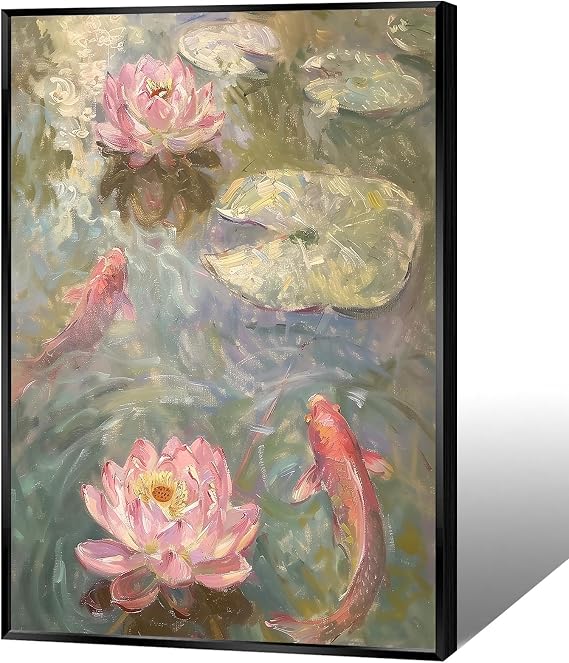 KOEUIRW Vintage Koi Fish Canvas Wall Art Traditional Chinese Pink Lotus Posters Feng Shui Lucky Carp Lotus Flower Leaves Pond Paintings For Living Room Bedroom Dorm Wall Decor 12x16in Unframed