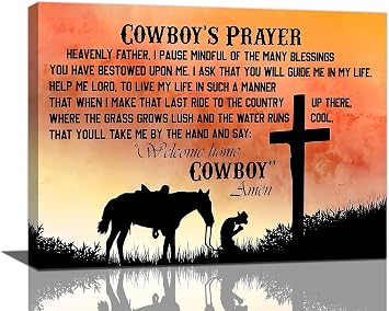 Vintage Western Wall Art - Cowboy Prayer Decor with Christian Cross & Horse - Canvas Print Artwork for Bedroom, Living Room, Office, Bathroom - 16"x12"