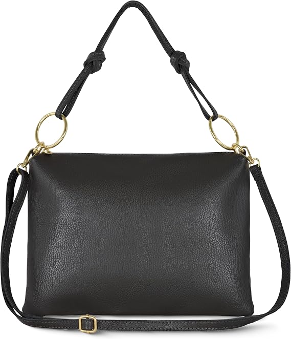 Italian Calf Leather Shoulder Bag for Women | Rectangular Handbag Purse with Zipper, Top-Handle & Crossbody Strap (Black)