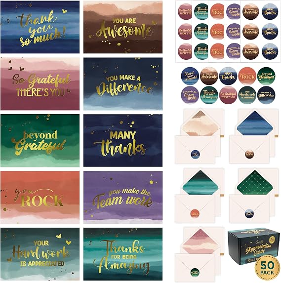 Decorably 50 Pack Gold Foil 6x4in Watercolor Thank You Cards with Envelopes | Stickers, 10 Folded Designs for Employees & Teachers, Blank Inside - Appreciation, Promotion, Anniversary, Gifting