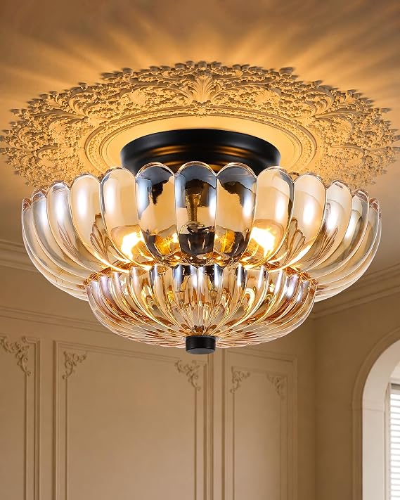 Semi Flush Mount Ceiling Light Fixture 11.8" Vinatge Black Ceiling Lights Amber Mid Century Modern Glass Close to Ceiling Lighting Fixtures for Bedroom Hallway Foyer Bathroom Kitchen Entryway