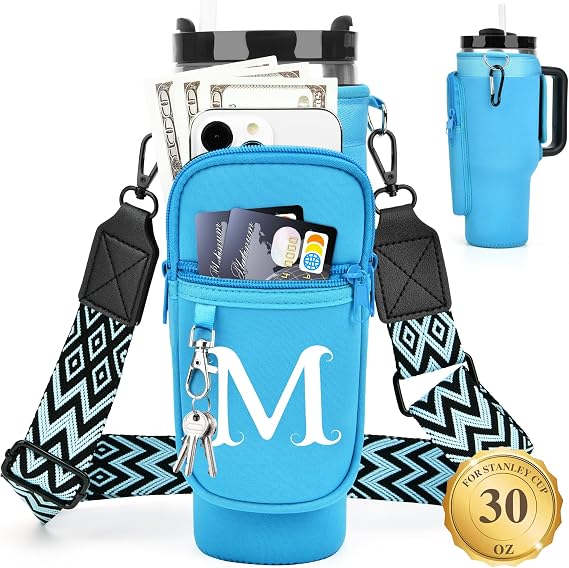 LOKASS Personalized for Stanley Cup Accessories 30oz, Initial Stanley Cup Holder with Strap, Cup Carrier Bag Water Bottle Holder with Phone Pocket Gifts for Women,Girls,Travel,Walking,Work