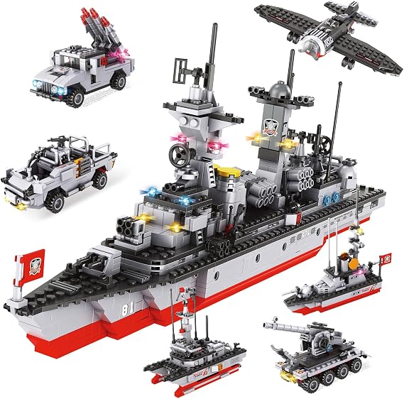 1296 Pieces City Police Battleship Building Toy, 6 in 1 Boat Blocks Set