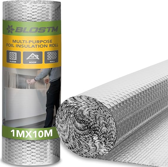 BLOSTM Foil Insulation Roll 1m x 10m - Radiator Reflector Panels | Aluminium Bubble Radiator Reflective Foil Roll for Floor, Ceiling, Roof, Wall Insulation, Heat & Vapour Barrier, Saves Energy