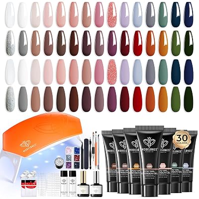 Modelones Hand to Toe Poly Nail Gel Kit, 30 Colors Earthy Tones Complete Extension Gel Nail Kit with U V Lamp Slip Solution Builder Tools for Starter & Professional DIY Manicure