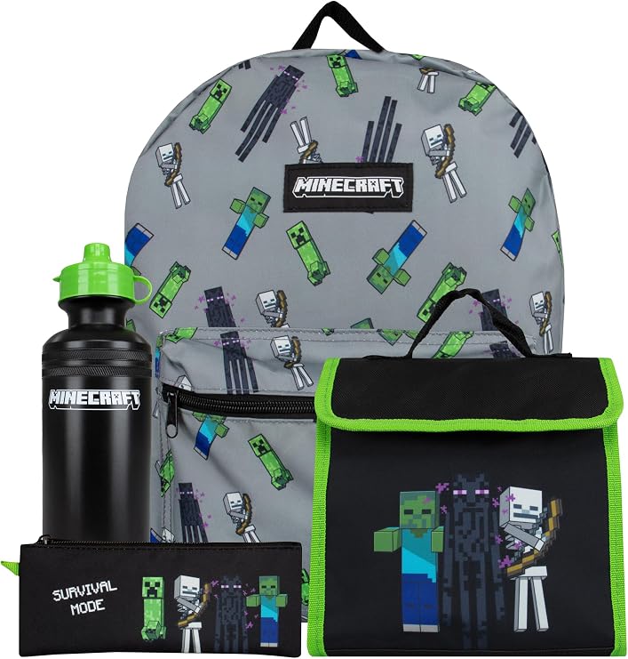 Minecraft Backpack Set | Gamer Backpacks | Boys Backpack And Lunch Box Set | Creeper Boys Rucksack Set | One Size Black