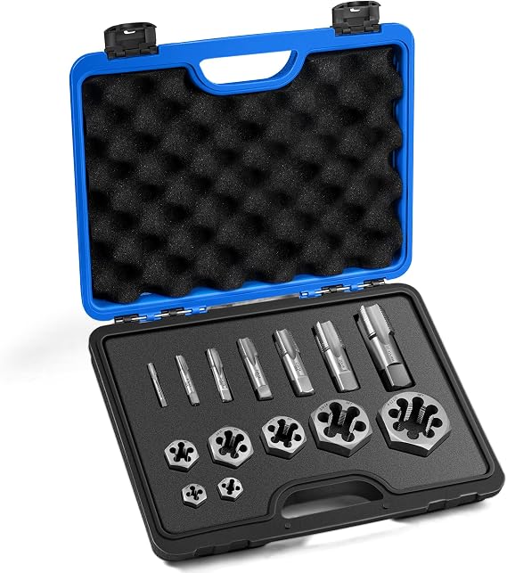 NPT Pipe Tap and Die Set, Hex Die Set 1/16", 1/8", 1/4", 3/8", 1/2", 3/4" and 1", 15pcs High Speed Steel Taps Carbon Steel Dies