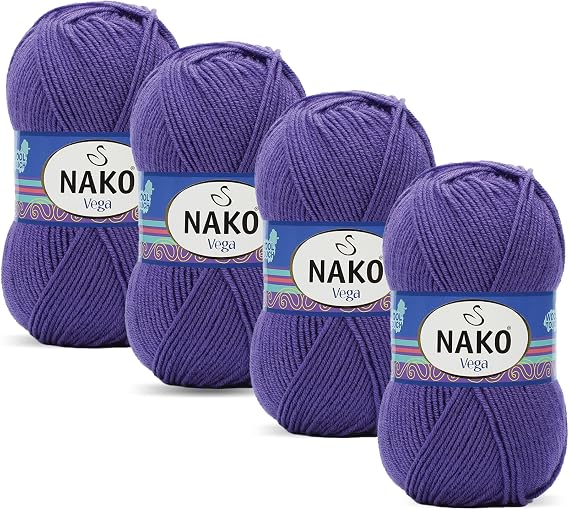 Nako Vega,Knitting Yarn,(4Balls) Each Skein(Ball) 3.53 Oz (100g),100% Premium Acrylic,You can use it in Cardigan, Sweater, Scarf, Beret, Booties, Baby Room Knitting Puple 10287
