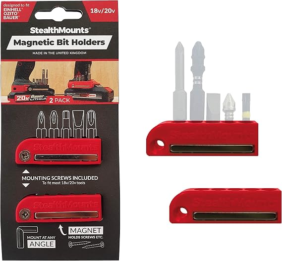 StealthMounts Magnetic Bit Holder Compatible with Bauer 20v | Drill Bit Organiser | Perfect Drills and Impacts (2 Pack) | Red