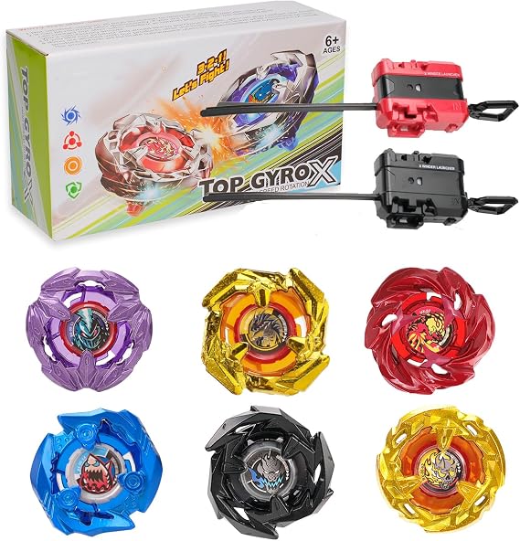 DEZAWRTY Gyro X Battle Set, 6 High-Speed Spinning Tops & 2 X-Launchers
