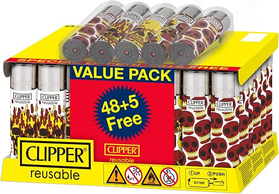 Clipper - Classic Large Reusable Lighter - Iconic Premium Refillable Lighters Bulk Pack - Replace Butane, Flint, and Spark Wheel for Unlimited Lights - 48 Pack + 5 Bonus Lighters - Skulls Fire