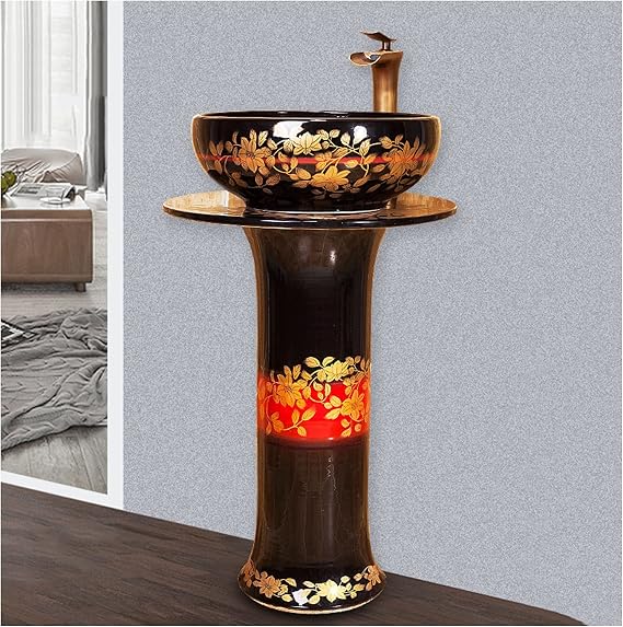 Modern Ceramic Bathroom Basin Sink with Full Pedestal and One Tap Hole Round Freestanding Sink Ceramic Basin Sink and Pedestal Bathroom,E