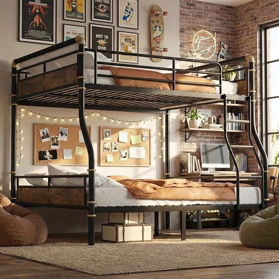 Full XL over Queen Industrial Bunk Beds for Teens or Adults , Heavy-Duty 2 IN 1 Metal Convertible Bunk Bed with Ladder and Slats Support ,15.9" High Guard Rail,Space-Saving ,Noise Reduced,Black