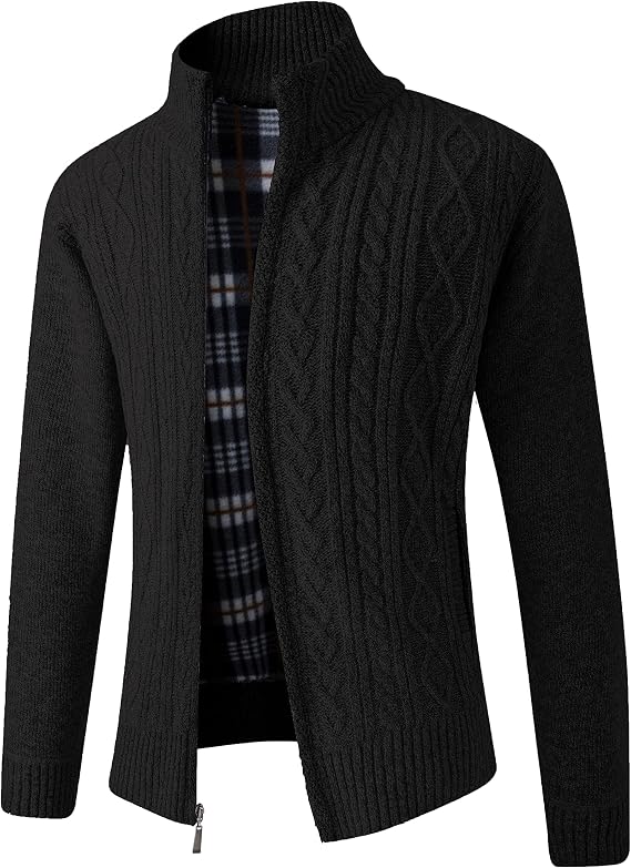 JYG Cardigan Sweaters for Men Full Zip Fleece Lined Up Stand Collar Slim Fit Knitted Sweater with 2 Front Pockets
