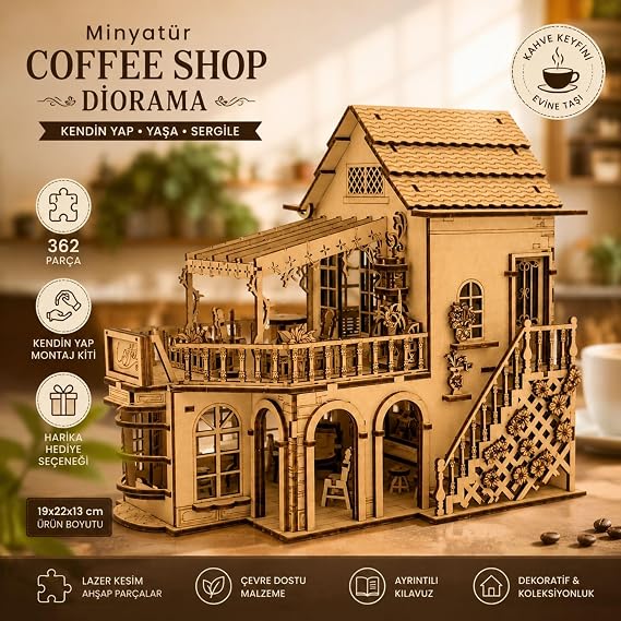 AlgWoodDesign Coffee Shop Diorama Ahşap Maket Seti 362 Parça – DIY Miniatür Kafe Binası Koleksiyoner Modeli