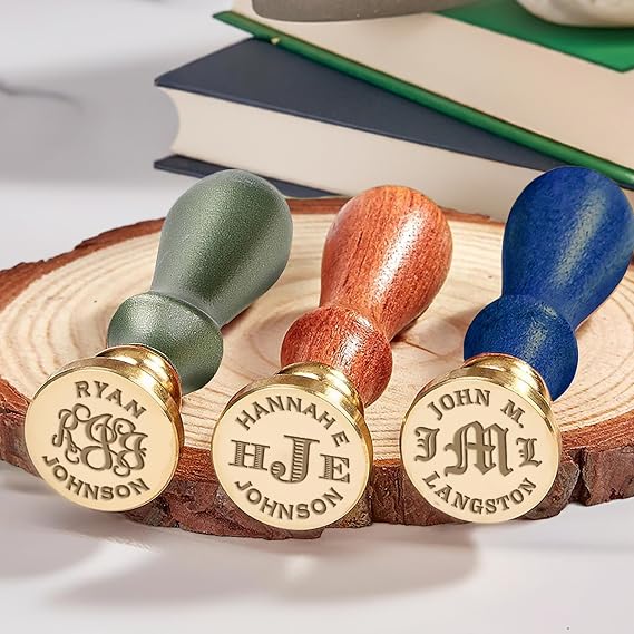 Custom Monogram Wax Seal Stamp | Personalized Initials & Date | USA Handcrafted | Multiple Font, Handle & Wax Color Options