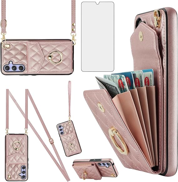 Asuwish Phone Case for Samsung Galaxy S25 Plus S25+ 5G Wallet Cover with Tempered Glass Screen Protector and Wrist Strap Ring RFID Blocking Card Holder Cell S25plus 25S + S 25 25+ Women Men Rose Gold