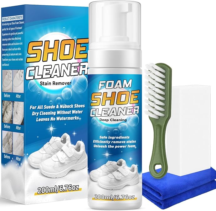 Shoe Cleaner, Deep Cleaning Sole Sneaker Cleaner, Shoe Cleaning Kit with Brush and Towel , White Shoe Cleaner for Sneakers, Tennis Shoes, Leather, Canvas, Rubber, Removes Dirt, Stains, 6.76 oz