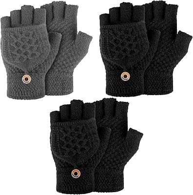 Newcotte 3 Pairs Knitted Convertible Fingerless Gloves Winter Flap Cover Convertible Gloves Warm Mittens for Women