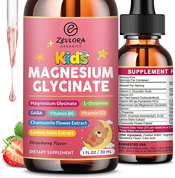 Liquid Magnesium Glycinate Drops for Kids, Focus Support, Sugar Free, 30mL