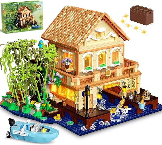 Overwater Cabin Mini Building Set With Ligth for Adults, Willow House Kit | 2057 PCS Girl Friends Cottage Model, Treehouse Farm Animals Boat Building Toy, Birthday Gift for Women Men Teens 14+