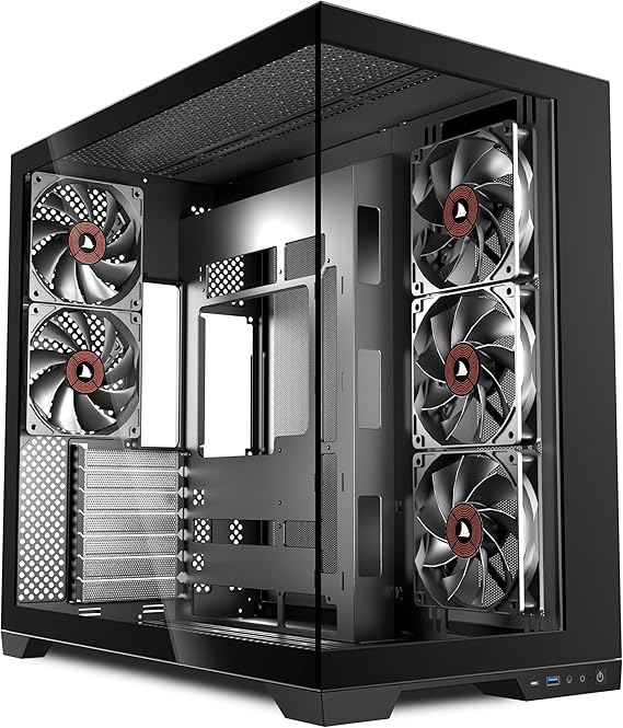 ANSAITE 420mm ATX PC Case- 5x Pre-Installed PWM Fans, Panoramic Mid-Tower Pc Case -USB Type-C,Large Dual Tempered Glass, Black,H9