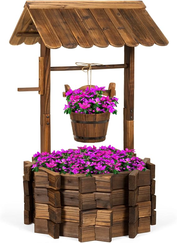 Best Choice Products Rustic Wooden Wishing Well Planter Outdoor Home Decor for Patio, Garden, Yard w/Hanging Bucket