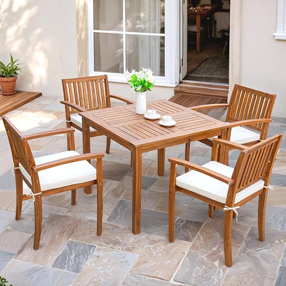 Flamaker 5 Pieces Outdoor Dining Set Acacia Wood Outdoor Table and Chairs
