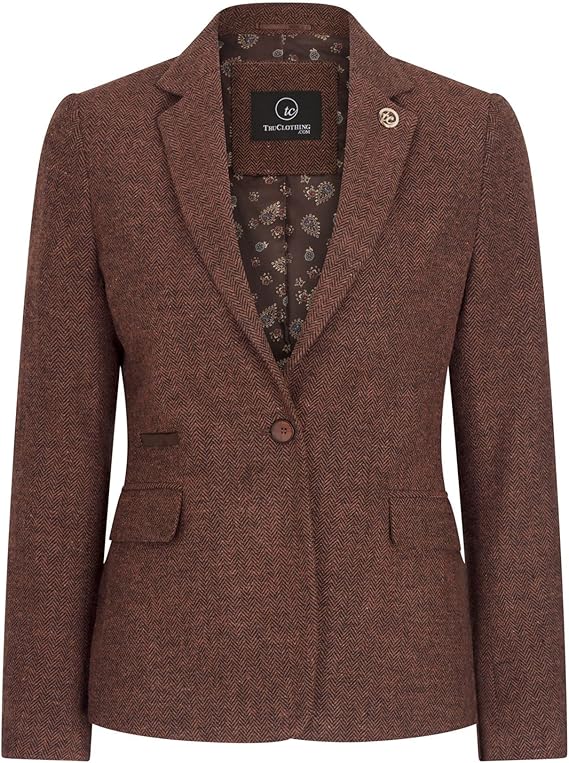 Ladies Blazer Tweed Herringbone Wool Classic Smart Casual Vintage Rust Brown