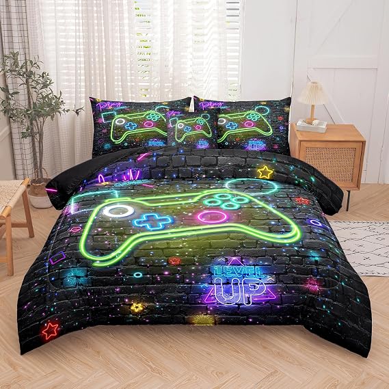 NINENINE 6PCS Gaming Bedding Sets for Boys,Twin Comforter Sets for Boys,Gaming Bedding Sets Sheet Set(1Comforter,1Flat Sheet,1Fitted Sheet,1Cushion Cover,2Pillowcases