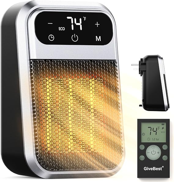 Minetom 450W Wall Outlet Space Heater with Remote,LED Display Small Plug in Electric Heater with Adjustable Thermostat and Timer for rv and Home Office Bathroom Indoor Use,ETL Listed