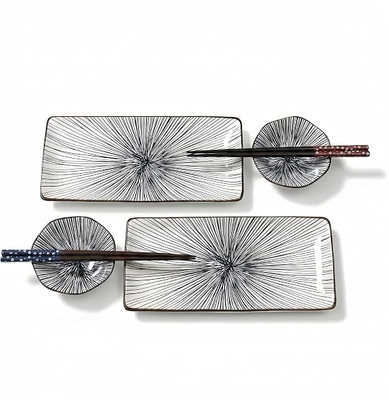 Relaxing Garden Sushi Plate Set for 2, 6-Piece Blue & White Porcelain
