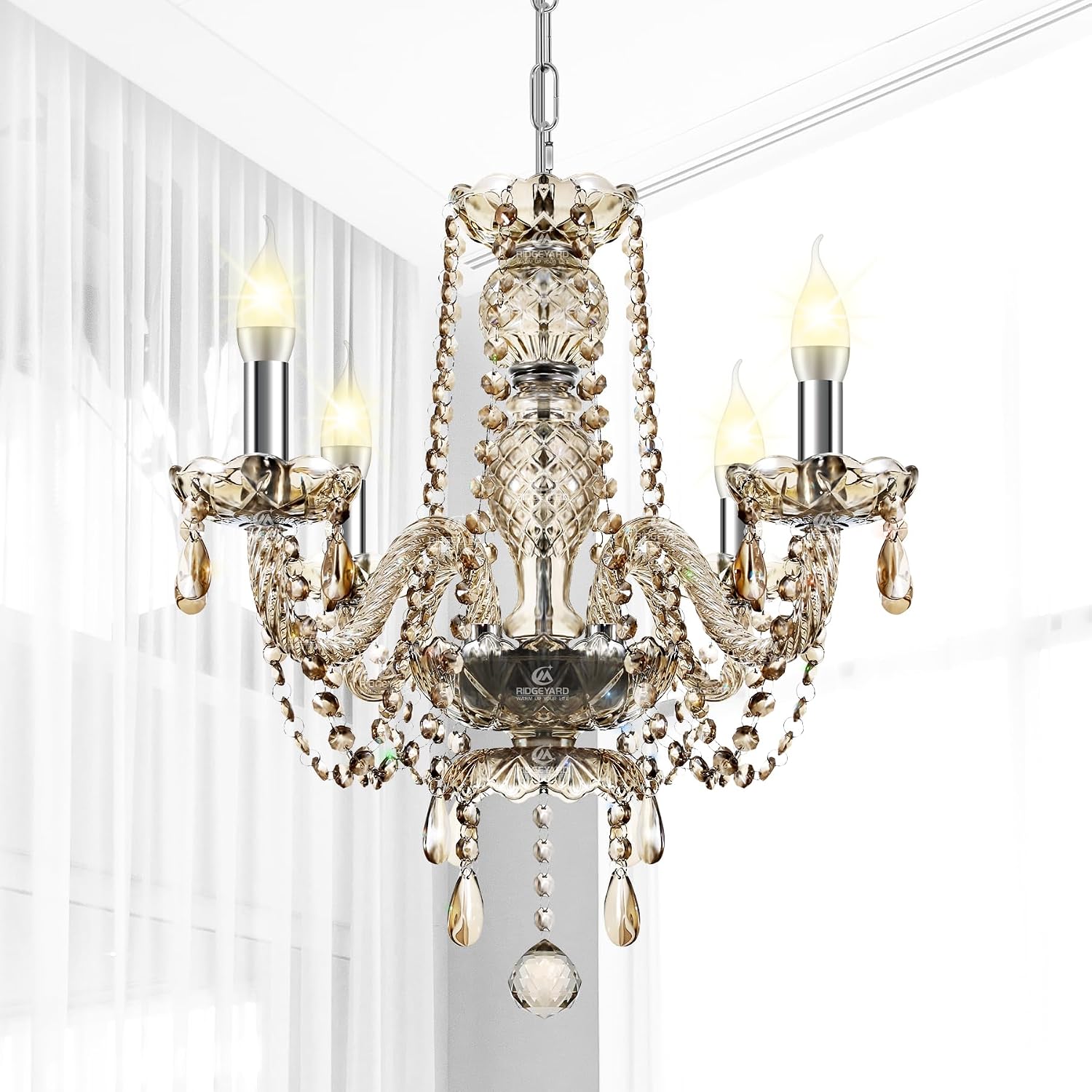 Ridgeyard 4-Light Crystal Chandeliers K5 Crystal Ceiling Lamp for Bedroom Dining Room- Cognac with Adjustable Chain and E12 Sockets